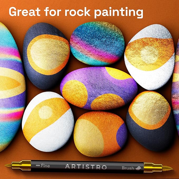ARTISTRO 36 Metallic Acrylic Paint Markers - Paint Pens Dual Tip Brush + Fine Ideal for Calligraphy - Perfect for Fabric, Rock, Glass, Wood, DIY - Art Supplies, Stocking Stuffers, Christmas Gift Idea