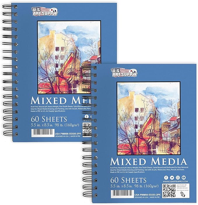 U.S. Art Supply 5.5"x8.5" Mixed Media Sketchbook, 2 Pack (60 Sheets), 98 lb (160 GSM) - Spiral-Bound Pad with Perforated Acid-Free Paper - Artist Sketch Book for Drawing, Painting, Watercolor