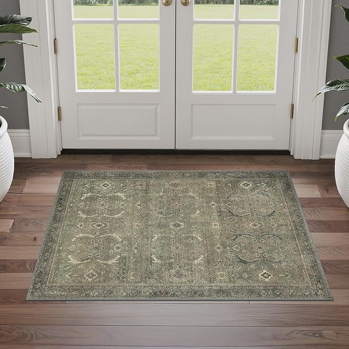 GENIMO 2x3 Area Rugs for Living Room, Machine Washable Non Slip Vintage Rugs, Low Pile Lightweight Chenille Print Rug for Bedroom, Dining Room, Home Office, Muted Green