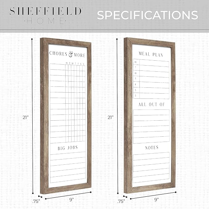 Sheffield Home Set of Two Family Planner Dry Erase Boards Featuring, Chore Chart, Shopping List, Weekly Meal Planner and Notes, 9x21 Inch, Natural