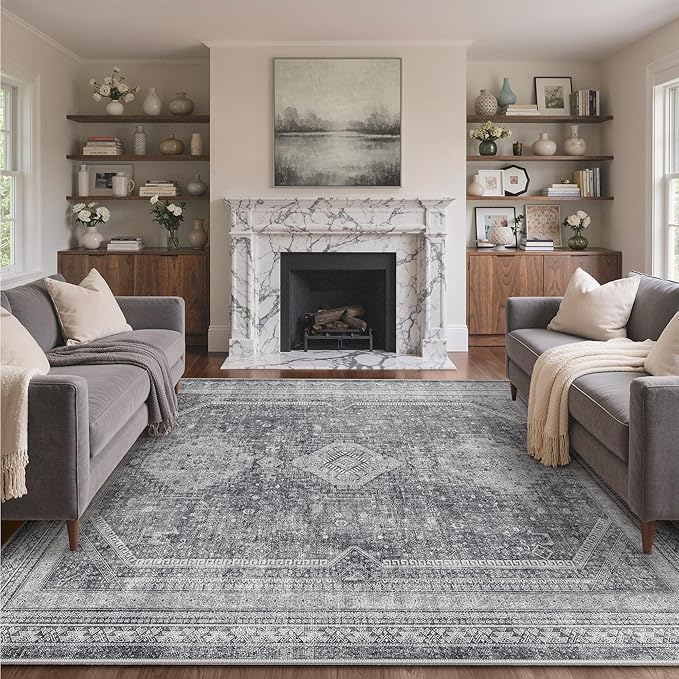 GENIMO 8x10 Area Rugs for Living Room, Machine Washable Non Slip Rugs, Low Pile Lightweight Print Rug for Bedroom, Dining Room, Home Office, Vintage Grey