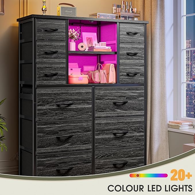 EnHomee Dresser for Bedroom with Charging Station & LED Light, Large Dresser for Hallway, Living Room, Entryway, Metal Frame, Black Dressers & Chest of Drawers, 50.6" H x 37.8" W x 11.8" D