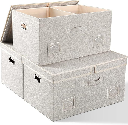 Graciadeco 75 Quarts Extra Large Decorative Storage Bins with Lids, 3 Packs Beige Collapsible Storage Bins with Lids, Stackable Storage Bins Decorative Box Storage With Lid Extra Large