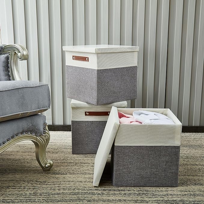 DECOMOMO Storage Basket with Lid, Storage Cubes with Handles, Fabric Box with Lid (Grey and White, 11” / 3 Pack)