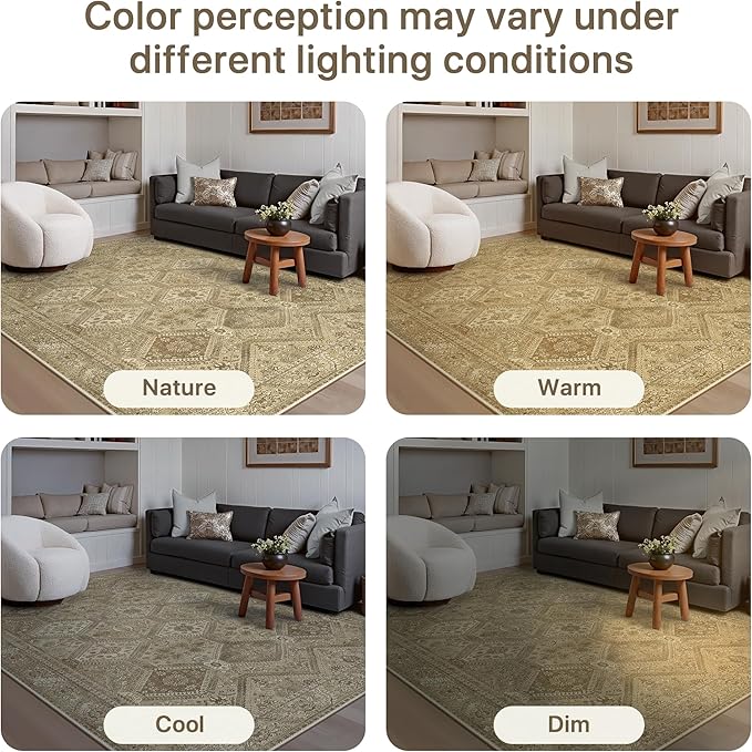 GENIMO 9x12 Area Rugs for Living Room, Machine Washable Non Slip Vintage Rugs, Low Pile Lightweight Print Rug for Bedroom, Dining Room, Home Office, Tan Brown