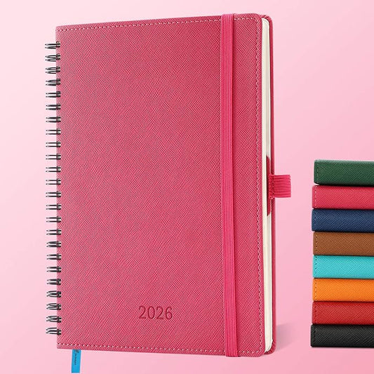 IN-LUXPRO Planner 2026 Daily Weekly and Monthly,8.5"x6.5",12 Months Spiral Bound Calendar Agenda with Self-adhesive Pen Holder,2026 Appointment Book with Vegan Leather Soft Cover,Rose Red