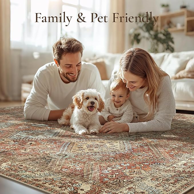 GENIMO 3x5 Area Rugs for Living Room, Machine Washable Non Slip Rugs, Low Pile Lightweight Print Rug for Bedroom, Dining Room, Home Office, Vintage Brick Red