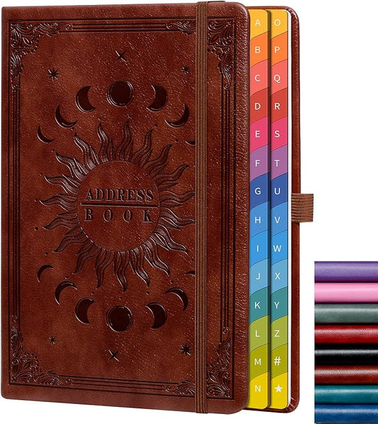 Address Book with Colorful Alphabetical Tabs (8.4" x 5.7") – Hardcover Contact Organizer for Website Passwords, Telephone, Software Licenses, and Important Information – Dark Brown