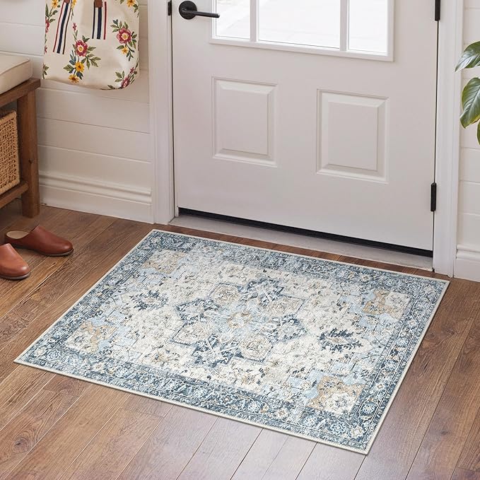 GENIMO Area Rug 2x3 Doormat, Machine Washable Low Pile Vintage Rugs, Small Lightweight Rug Entryway Indoor Mat for Entrance, Hallway, Kitchen and Corridor, Blue