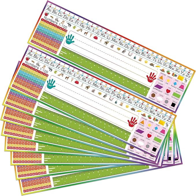INKNOTE 32 PCS Name Tags for Classroom Multipurpose Manuscript Nameplate for Desks with Alphabet Numbers Ruler and Shapes for Kid from Pre Kindergarten to Primary School