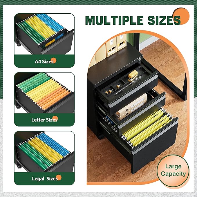 Letaya 3 Drawer Mobile File Cabinet with Lock,Under Desk Metal Filing Cabinets for Home Office Organizer Letters/Legal/A4((Fully Assembled-Black)