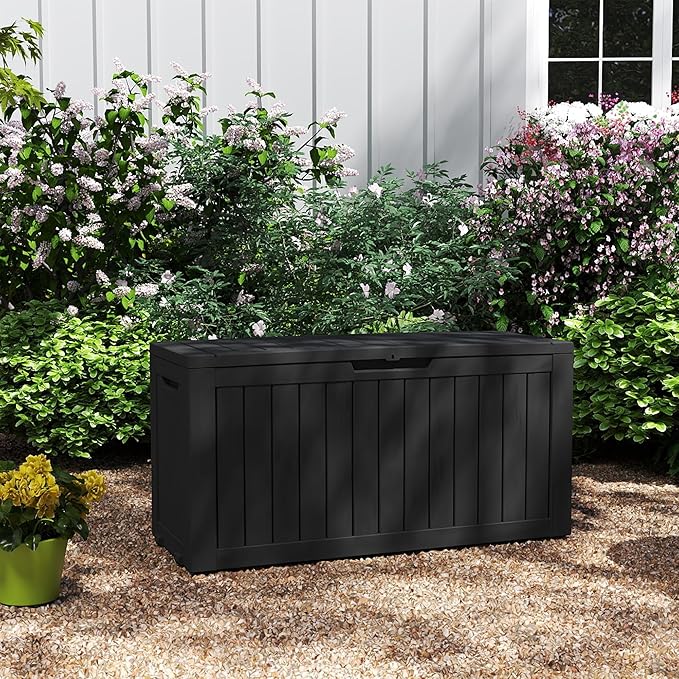 Yardgrace 90 Gallon Waterproof Outside Storage Box - Patio Storage & Outdoor Deck Box, All-Weather Resin Chest for Pool/Garden Accessories, Lockable UV-Resistant, Jet Black