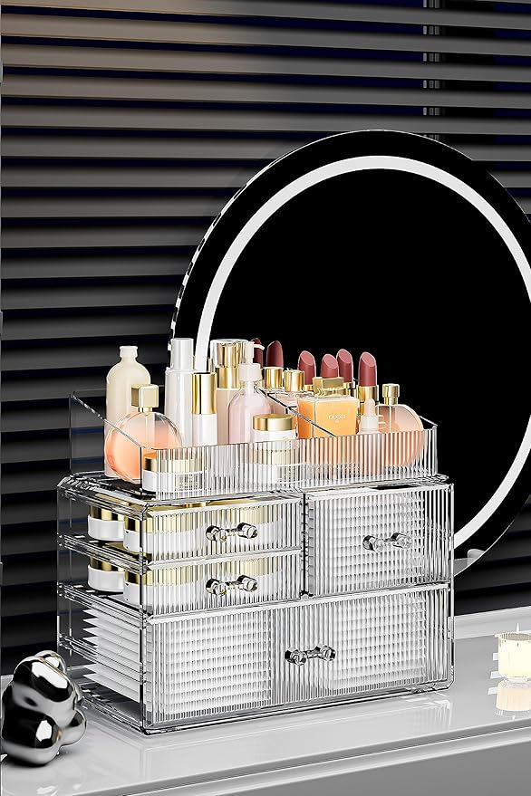 ZHIAI Stackable Storage Drawer, Acrylic Organizer, Cosmetic Organizer for Dresser, Vanity, Kitchen Cabinet, Bathroom, Under Sink, Home Organization and Storage (1 Top 3 Drawers)