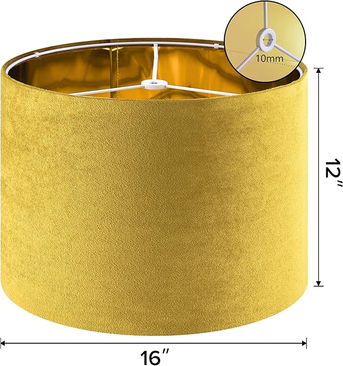 GO&SO Set of 2 Large Drum Yellow Velvet Lamp Shade -16" Top x 16" Bottom x 12" High(Spider) Modern Lamp Shades For Table Lamps & Bedside Lamp Replacement Lampshade, Hand Crafted, Required Assembly