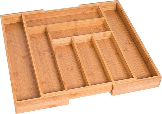 BIRDROCK HOME Bamboo Expandable Utility Drawer Organizer – Utensil Silverware – Spoon Knife Fork – 17.5 Inch – Large – Natural Wood – Tray – Adjustable Kitchen Organization