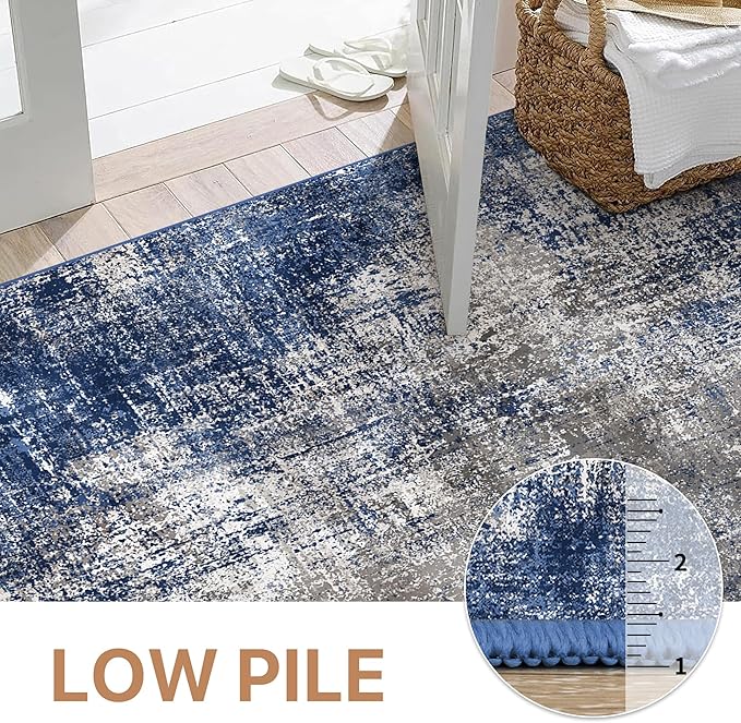 GENIMO Washable Area Rugs for Living Room, 8x10 Modern Non Slip Rugs, Low Pile Lightweight Soft Print Rug for Bedroom, Dining Room, Home Office, Washed Blue&Gray