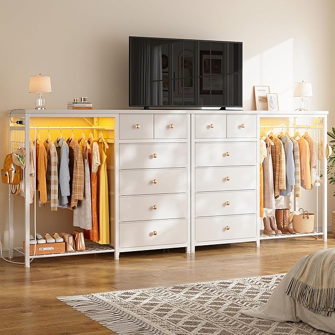 EnHomee 49.2" W White Dresser for Bedroom with Hanging Rack, 6 Drawers Dresser with LED Lights & Charging Station, Fabric Dressers & Chest of Drawers with Grid Panel & 4 Hooks, Wooden Top