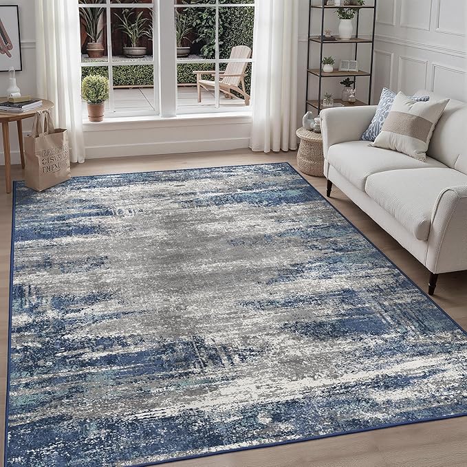 GENIMO Area Rugs 10x14 Machine Washable Rug for Living Room, Non Slip Indoor Modern Rug, Low Pile Lightweight Print Carpet for Bedroom Dining Room Home Office, Blue Ivory