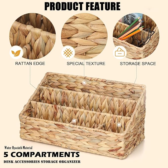 Boershun Desk Organizer – Countertop Mail Organizer, Magazine Holder, Boho Decor Water Hyacinth Desk Mail Holder for Home Office, Farmhouse, 12.6" L x 6.7" W x 6.3" H