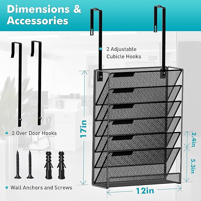 Delifox 7-Compartment Wall Mounted Hanging File Organizer Cubicle Wall File Holder Vertical Document Organizer for Office Home, Black
