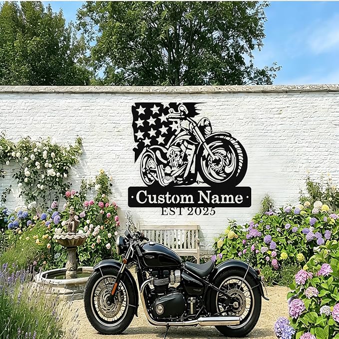 Custom US Flag Motorcycle Metal Signs Personalized Biker Name Sign Custom Garage Decor Motorbikes Wall Art Decor Motorcycle Sign Men Room Decorate Gifts for Men Husband Rider