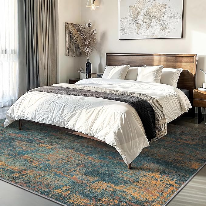 GENIMO Washable Area Rugs for Living Room, 10x14 Vintage Non Slip Rugs, Low Pile Lightweight Soft Print Rug for Bedroom, Dining Room, Home Office, Dark Blue Green