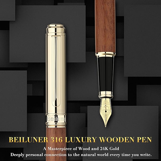 BEILUNER 316 Fountain Pen,Stunning Luxury Rosewood,24K Gilded Nib(Fine),Gorgeous 24K Gold Finish, Ink Converter,Nice Gift for Men&Women-Elegant,Executive,Christmas Pens for Writing
