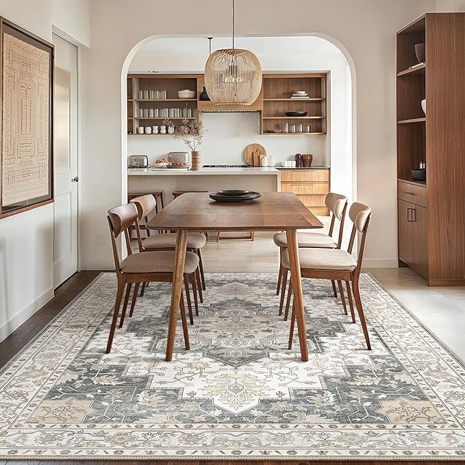 GENIMO 7'6''x9'6'' Area Rugs for Living Room, Machine Washable Non Slip Vintage Rugs, Low Pile Lightweight Chenille Print Rug for Bedroom, Dining Room, Home Office, Heathered Grey