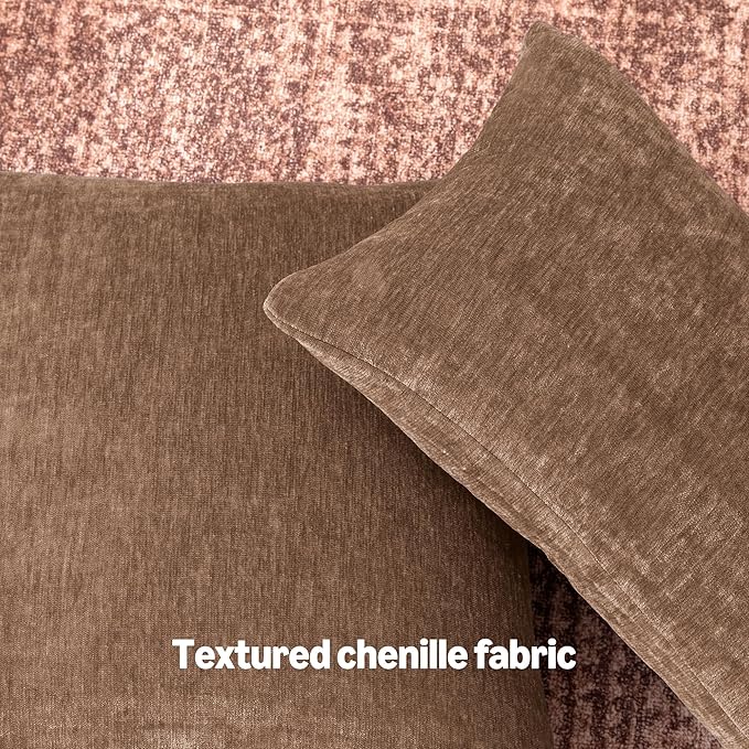 Amazon Basics Chenille Throw Pillow Covers, Home Decor Cushion Cover for Bedroom Living Room Couch Bed, 18" W × 18" L, Brown