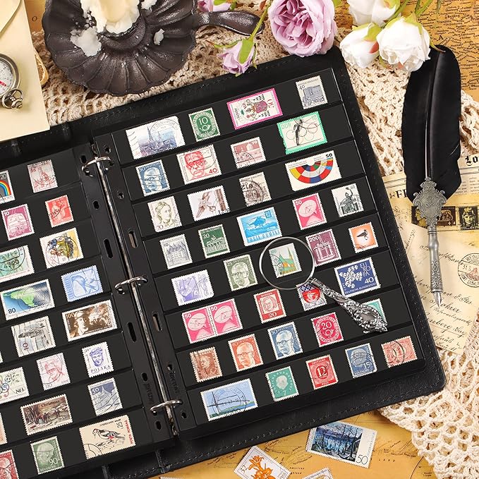10 Sheets 20 Pages Postage Stamp Album Pages, 8 Pockets 7.7X 1.18in Stamp Collection Inserts, 9 Hole Standard Stamp Collecting Album Sleeves for Stamp Collection Binder IS010810