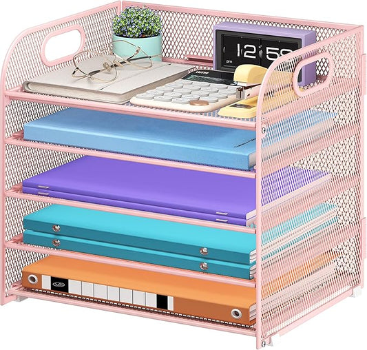 Cawukege 5 Tier Paper Organizer with Handle, Metal Mesh Desk Organizer File Folder Paper Letter Tray Desktop Document Sorter for Classroom, School, Office Accessories Organization and Storage - Pink