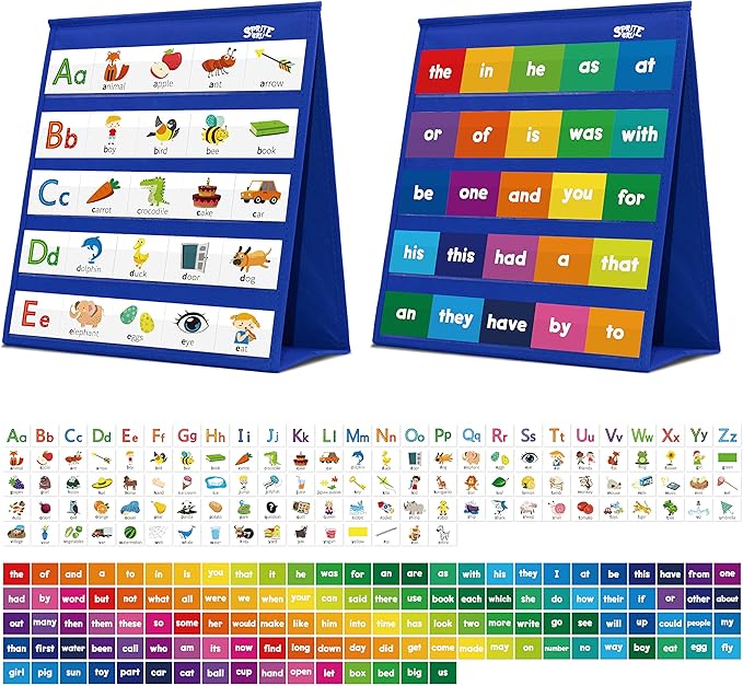 Desktop Pocket Chart, 120 Dry-Erase Double Sided Cards Includes 26 Letters with Images and 120 First Words, Self-Standing Tabletop Pocket Chart for Kids Teacher Classroom Home Use (13 X 12inch)