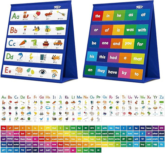 Desktop Pocket Chart, 120 Dry-Erase Double Sided Cards Includes 26 Letters with Images and 120 First Words, Self-Standing Tabletop Pocket Chart for Kids Teacher Classroom Home Use (13 X 12inch)