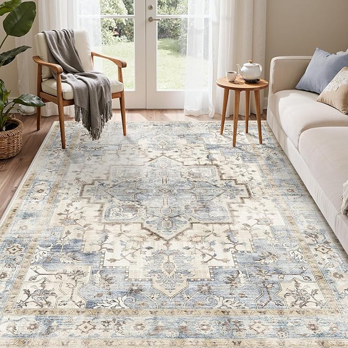 GENIMO 5x7 Area Rugs for Living Room, Machine Washable Rug, Non Slip Indoor Vintage Rug, Low Pile Lightweight Chenille Print Carpet for Bedroom Dining Room Home Office, Mint Sage