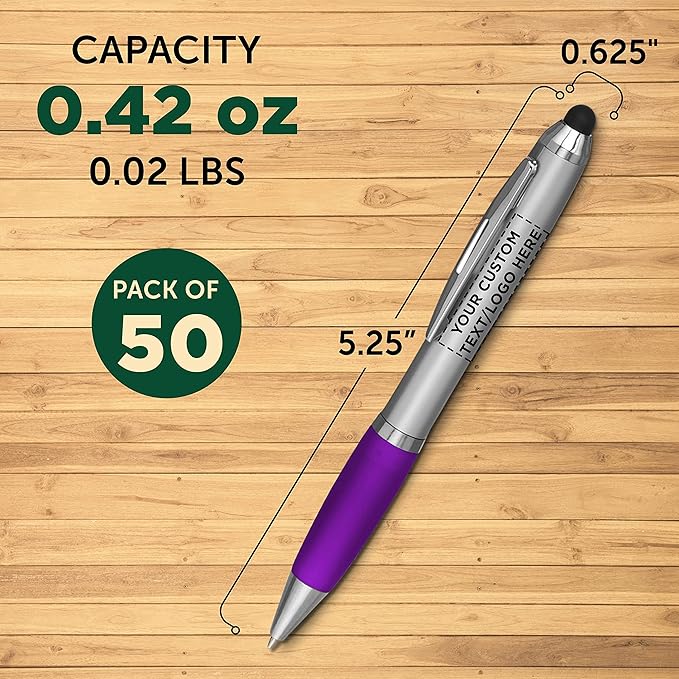 DISCOUNT PROMOS Custom Stylus Ballpoint Pens Set of 50, Personalized Bulk Pack - Black Ink, Great for Office, School, Business, Tradeshows, Events - Purple