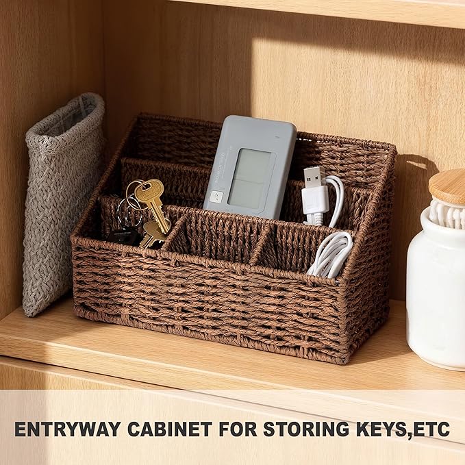 DINGTAI Rattan Desk Organizer, Tabletop Mail Holder, 5 Slot Mail Organizer Countertop Basket, Rattan Office Supplies, Boho Office Desk Accessories, Wicker Desk Organizer, Magazine Holder（Brown）