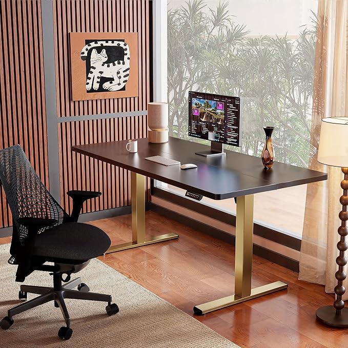 ErGear Height Adjustable Electric Standing Desk, 31.5 x 18.9 Inches Sit Stand up Desk, Memory Computer Home Office Desk with Two-Piece Desktop (Black & Gold Frame)