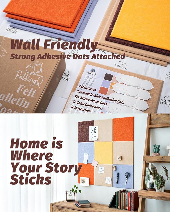 Felt Bulletin Board Wall Tiles, Cork Board Alternative with Removable Adhesive Dots for Walls, Picture Board for Office, Stylish Home, Playroom 11.8"x11.8", 9 Pack (Zesty)
