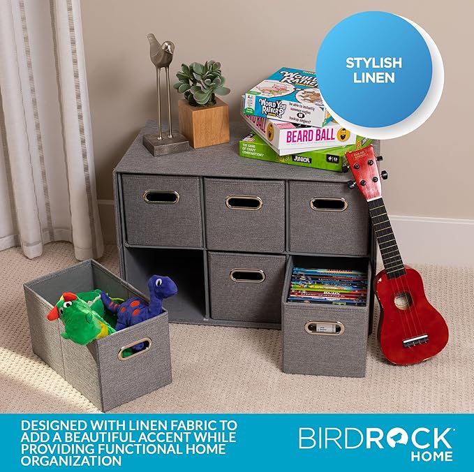 BIRDROCK HOME Linen Cube Organizer Shelf w/ 6 Storage Fabric Bins - Foldable & Durable - Toys, Clothes, Towels - Collapsible Cubby for Kids Room, Dorm, Closet, Bedroom - Large Shelving Cubbies - Grey