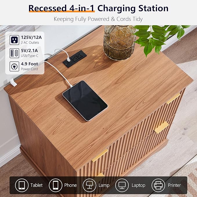 JXQTLINGMU 2 Drawer File Cabinet with Charging Station, 30" Fluted Lateral File Cabinet w/Files Hanging Rod for Letter/Legal/A4, Large Tabletop for Printer, Office Wood Printer Cabinets, Dark Grain