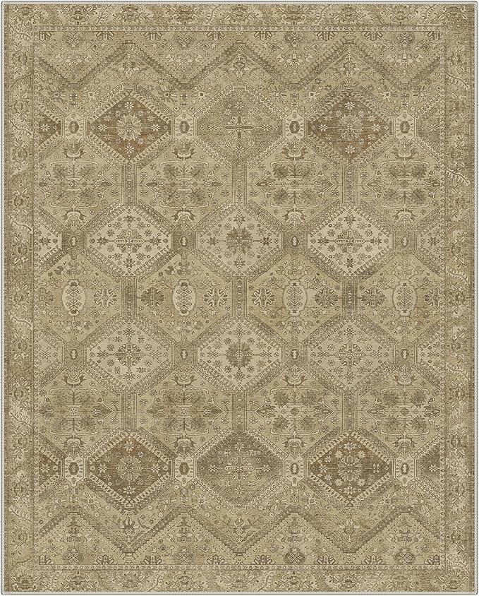 GENIMO 6x9Area Rugs for Living Room, Machine Washable Non Slip Vintage Rugs, Low Pile Lightweight Print Rug for Bedroom, Dining Room, Home Office, Tan Brown