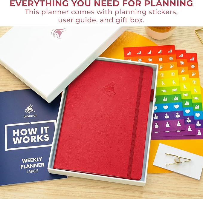 Clever Fox Planner Large – Undated Weekly & Monthly Planner for Productivity, Time Management & Goals – Organizer Journal – 7x10” (Red)