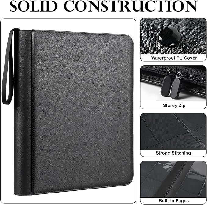 GEAoffice 9 Pockets Top Loader Binder for 324 Cards, Premium PU Leather Side Loading Trading Card Binder for Toploader, Ringless Card Collection Album Holder for 3"×4" Rigid, Black