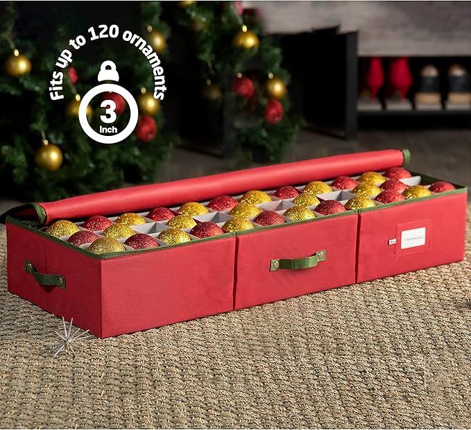 ZOBER Underbed Christmas Ornament Storage Box - Stores 120 3" Ornaments, With Dividers - Tear Proof 600D Oxford Fabric, Ornament Organizer Storage Box, Durable Christmas Containers Holder - Red