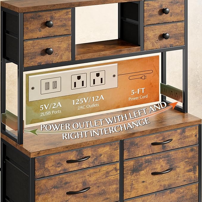 EnHomee 62.8" H Dresser for Bedroom with Multiple Drawers,Fabric Dresser with Charging Station and LED Lights,Dressers & Chests of Drawers for Bedroom, Steel Frame & Wooden Top,Rustic Brown