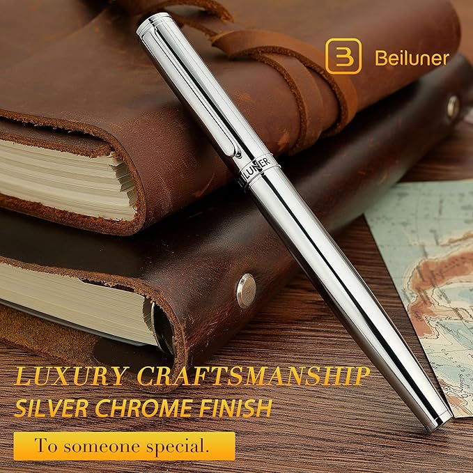 BEILUNER Silver Fountain Pen,Stunning Luxury Pens with Bright Silver Chrome, Gorgeous 24K Gilded Nib(Fine),Gift Pen Set for Men&Women -Ink Converter-Elegant, Professional, Nice Pen for Writing