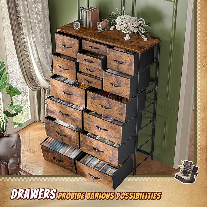 Romorgniz 57“H Dresser for Bedroom with Multiple Drawers, Fabric Dressers & Chests of Drawers for Bedroom,Large Dresser, Sturdy Metal Frame & Wood Top,Entryway, Hallway(Rustic Brown)