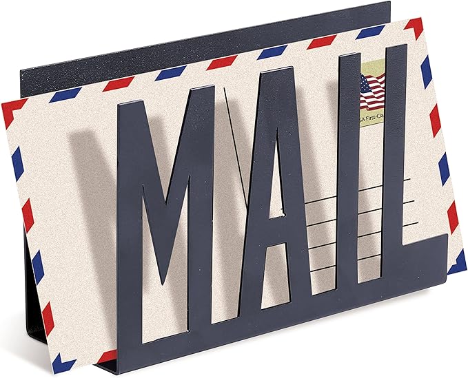 MyGift Mail Holder Organizer Countertop Modern Metal Black with Cutout MAIL Lettering Design, Office Desktop Envelope and Document Storage Rack