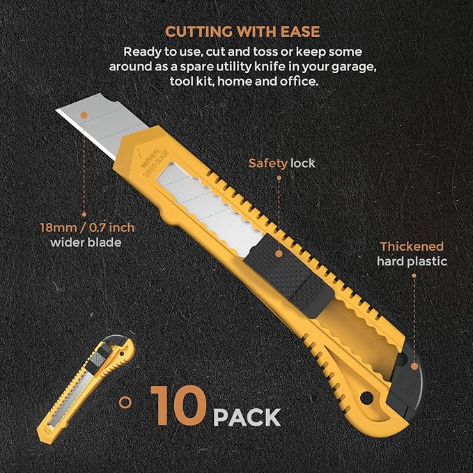 Nicpro 10 Pack Utility Knife Set, Retractable Box Cutters for Cartons, Cardboard and Boxes, 18 mm Razor Razor Sharp Blade Knife with Smooth Mechanism for Heavy Duty Office, Home, Arts Crafts, Hobby