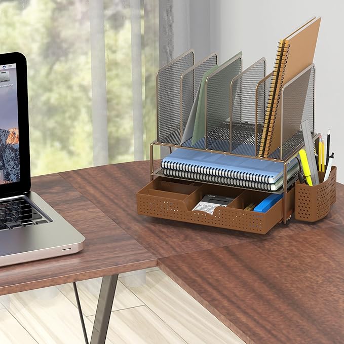 Simple Houseware Mesh Desk Organizer with Sliding Drawer, Double Tray and 5 Upright Sections, Copper